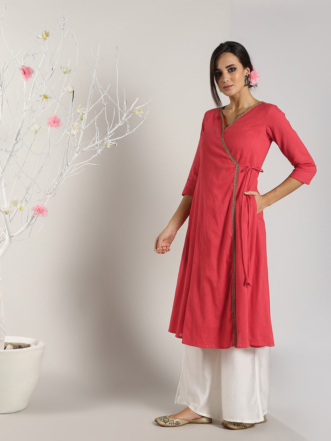 Abhishti Cotton Slub Angrakha Kurta Lace detail with Bottom