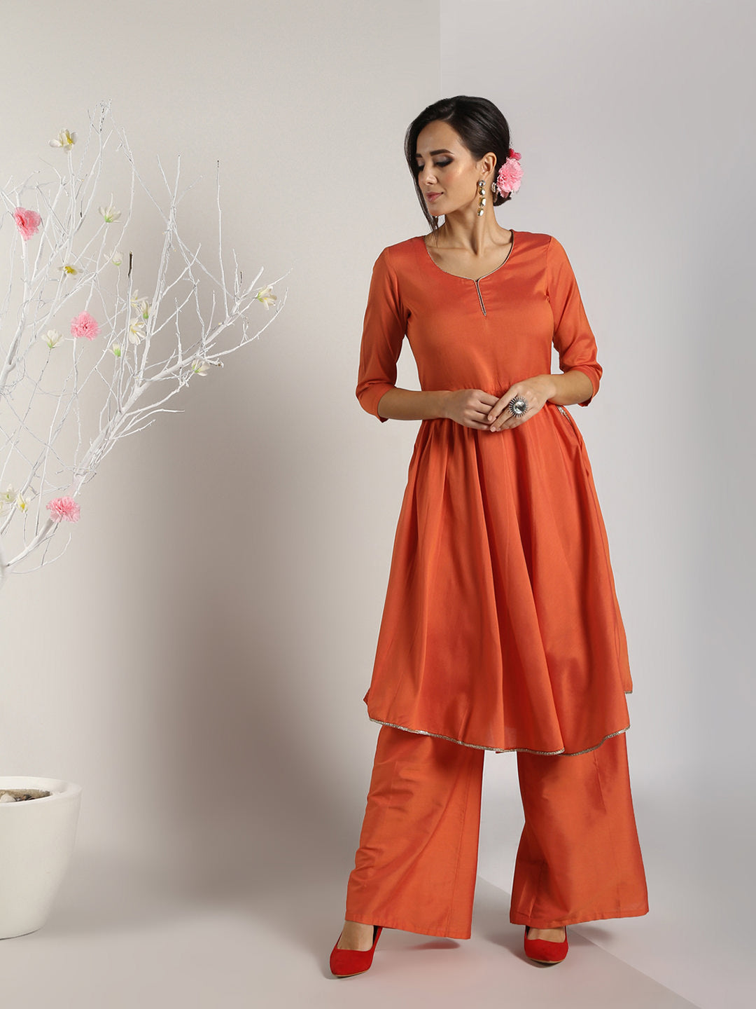 Abhishti Cotton Silk High Slit Kurta Lace detail with Bottom