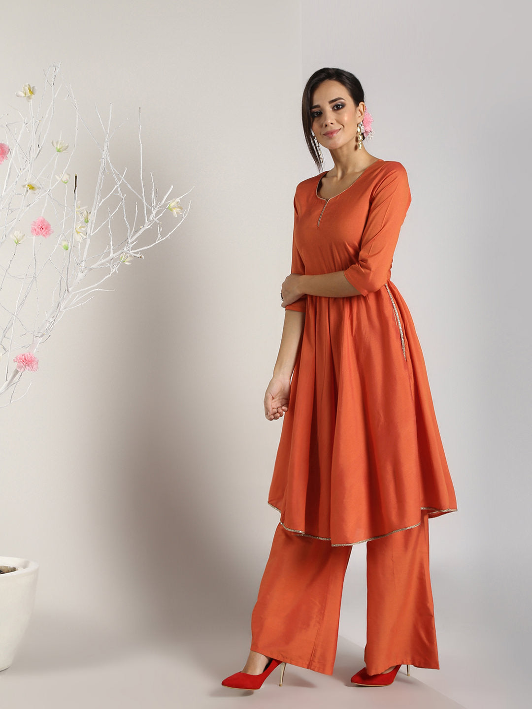 Abhishti Cotton Silk High Slit Kurta Lace detail with Bottom