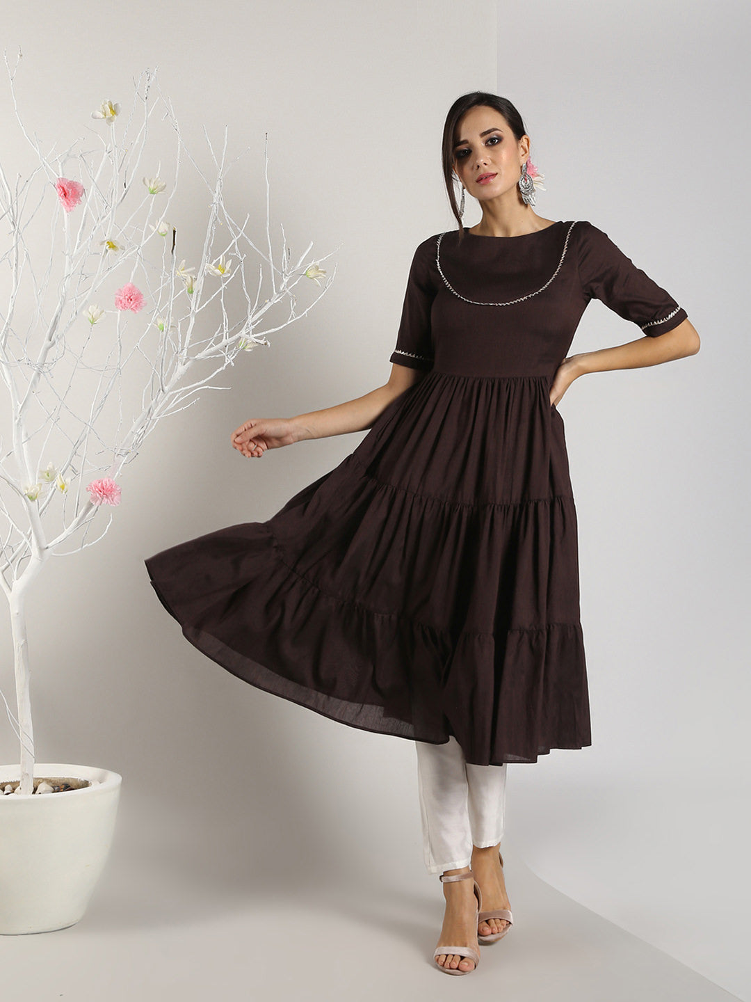 Abhishti Cotton Silk Tiered Flared Kurta with Lace Yoke detail with Bottom