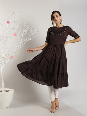 Abhishti Cotton Silk Tiered Flared Kurta with Lace Yoke detail with Bottom