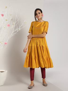 Abhishti Cotton Silk Tiered Flared Kurta with Lace Yoke detail with Bottom