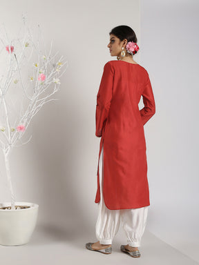 Red Banarasi Panelled Kurta paired with Pathani Pant