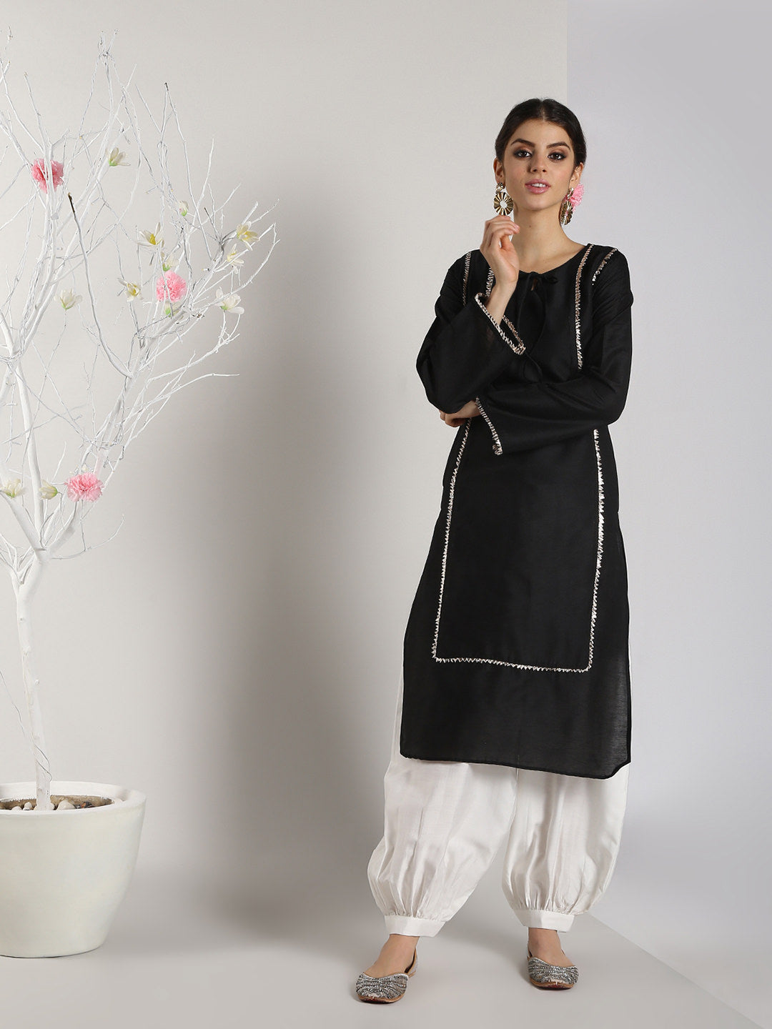 Black Banarasi Panelled Kurta with Pathani Pants