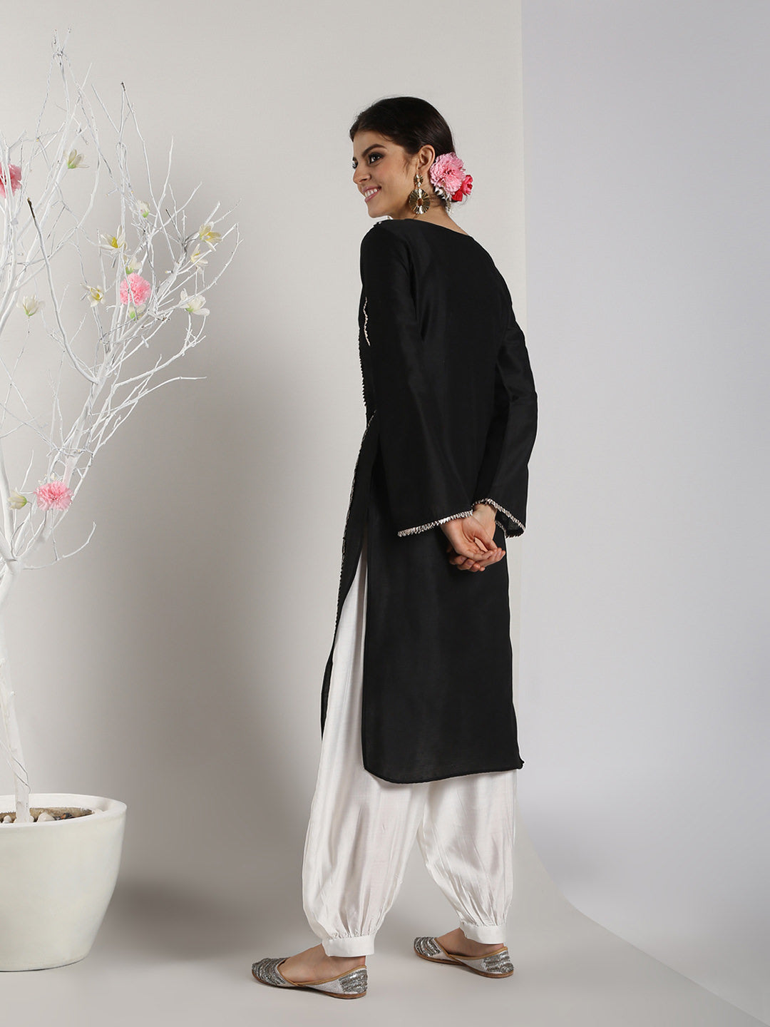 Black Banarasi Panelled Kurta with Pathani Pants