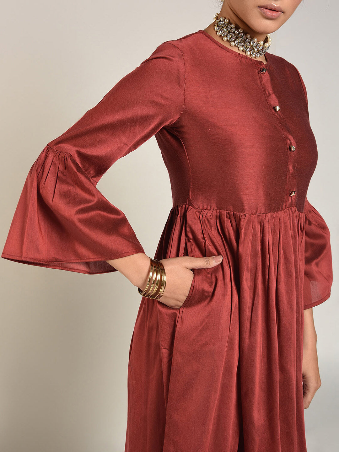 Abhishti Cotton Silk Gathered Bell Sleeve Kurta with Bottom
