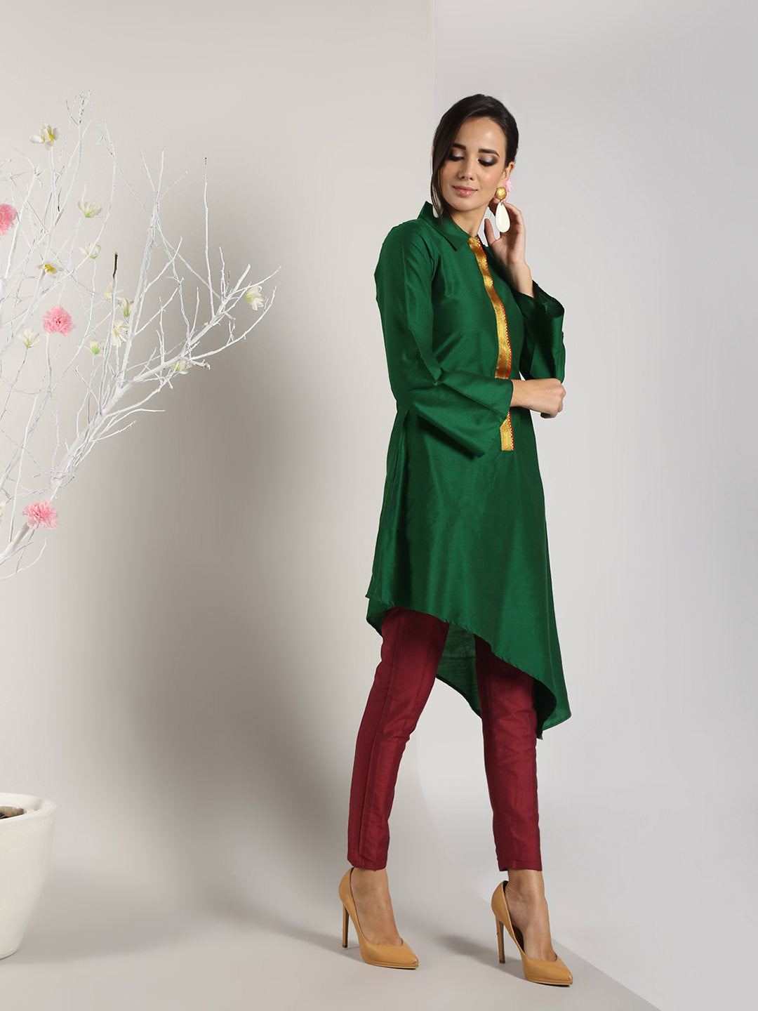 Abhishti Cotton Silk asymmetric Kurta with Mangalgiri Border with Bottom