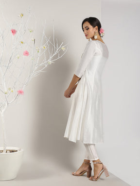 White Banarasi kalidar Kurta with Straight Pants