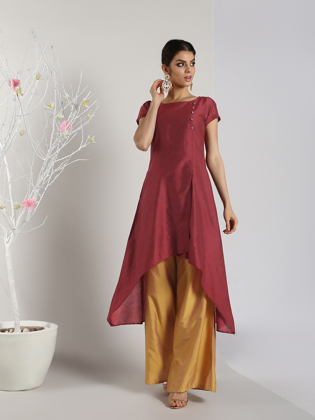 Abhishti Cotton Silk Angrakha Layered Asymmetric Kurta with Bottom