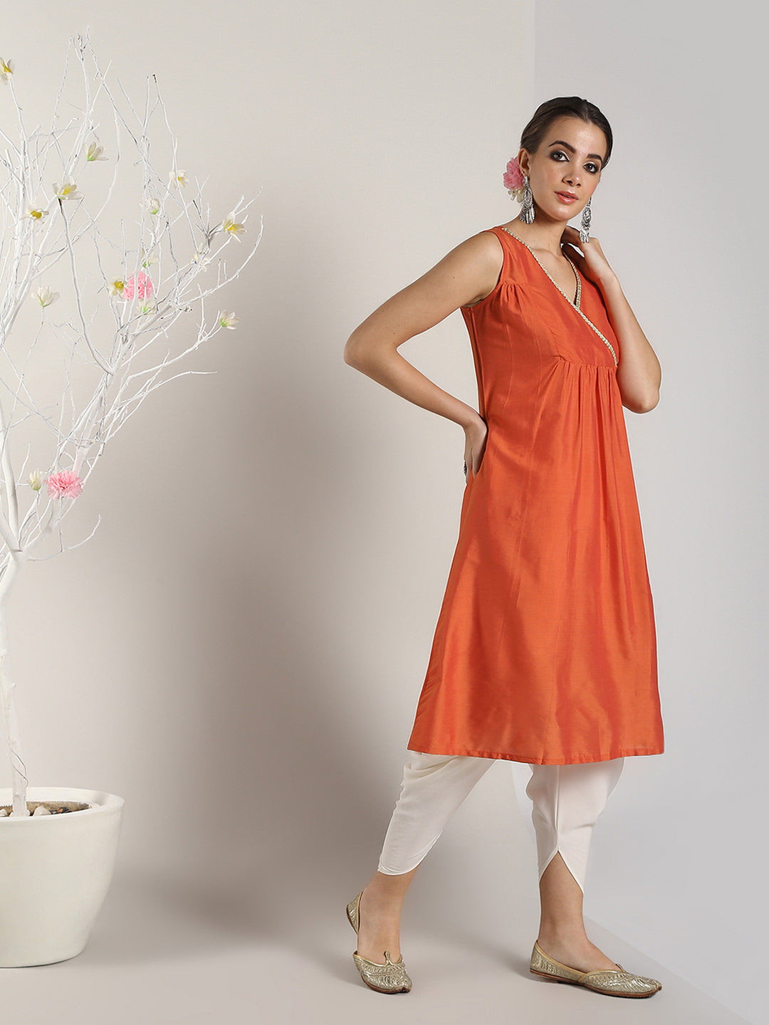 Brick Red Banarasi Layered Yoke kurta with Dhoti Pants