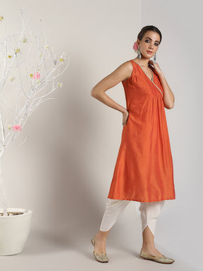 Brick Red Banarasi Layered Yoke kurta with Dhoti Pants