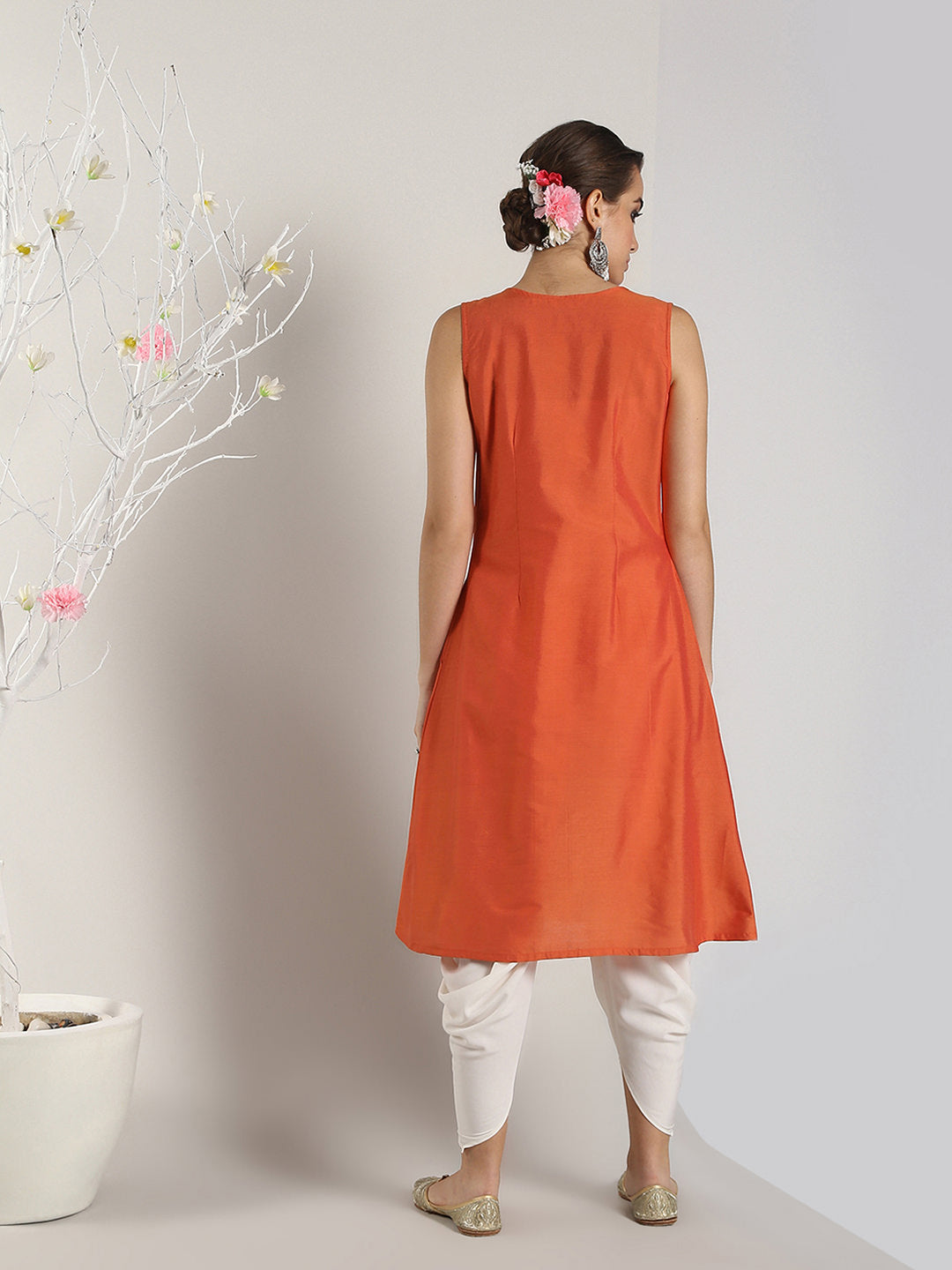 Brick Red Banarasi Layered Yoke kurta with Dhoti Pants
