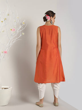 Brick Red Banarasi Layered Yoke kurta with Dhoti Pants