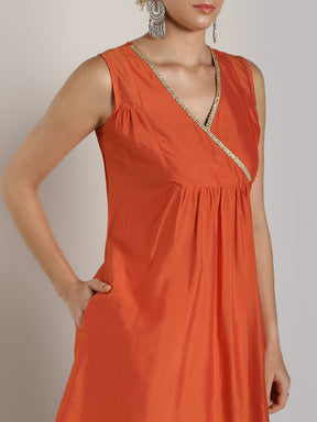 Brick Red Banarasi Layered Yoke kurta with Dhoti Pants