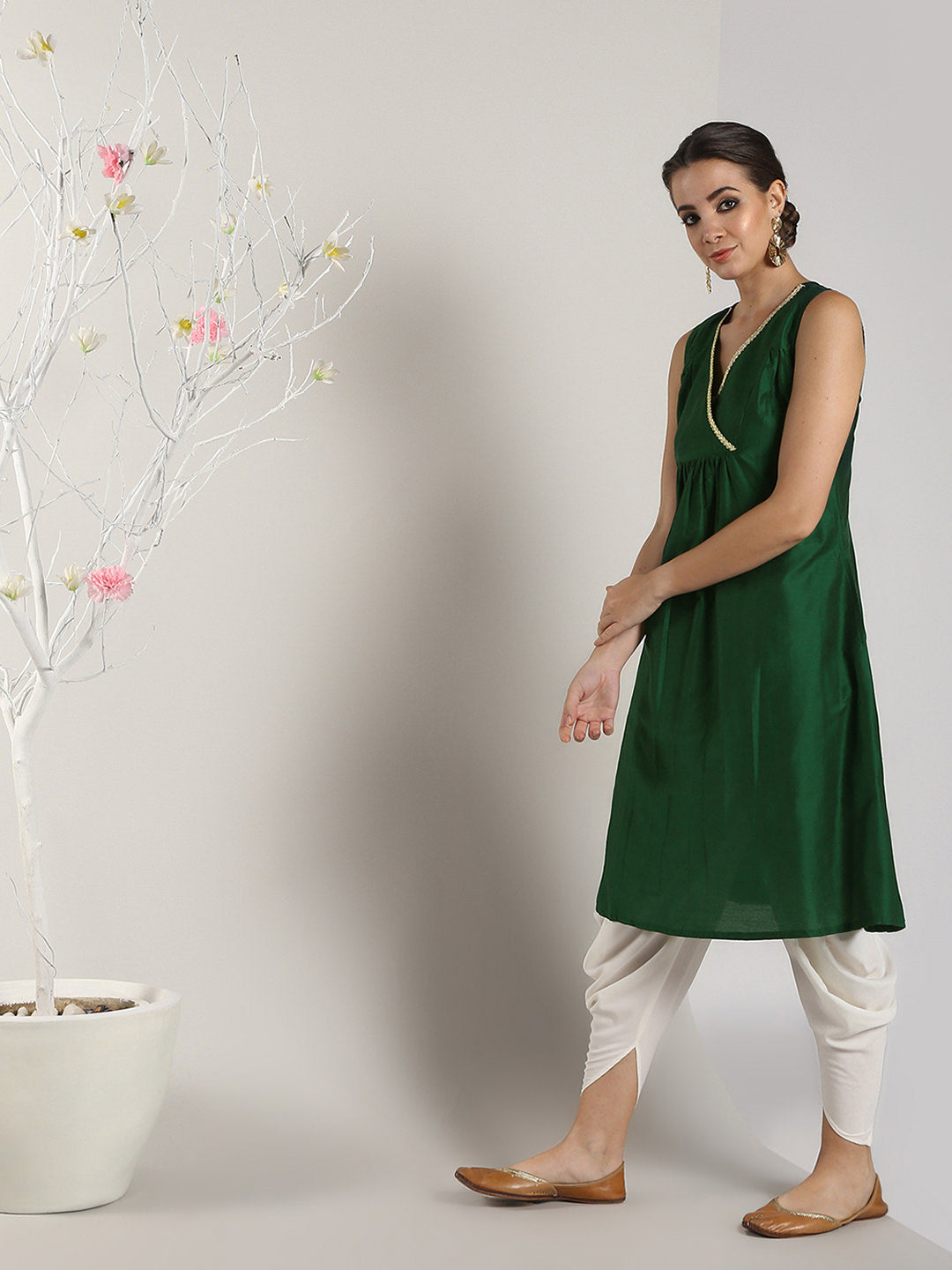 Green Banarasi Layered Yoke kurta with Dhoti Pants