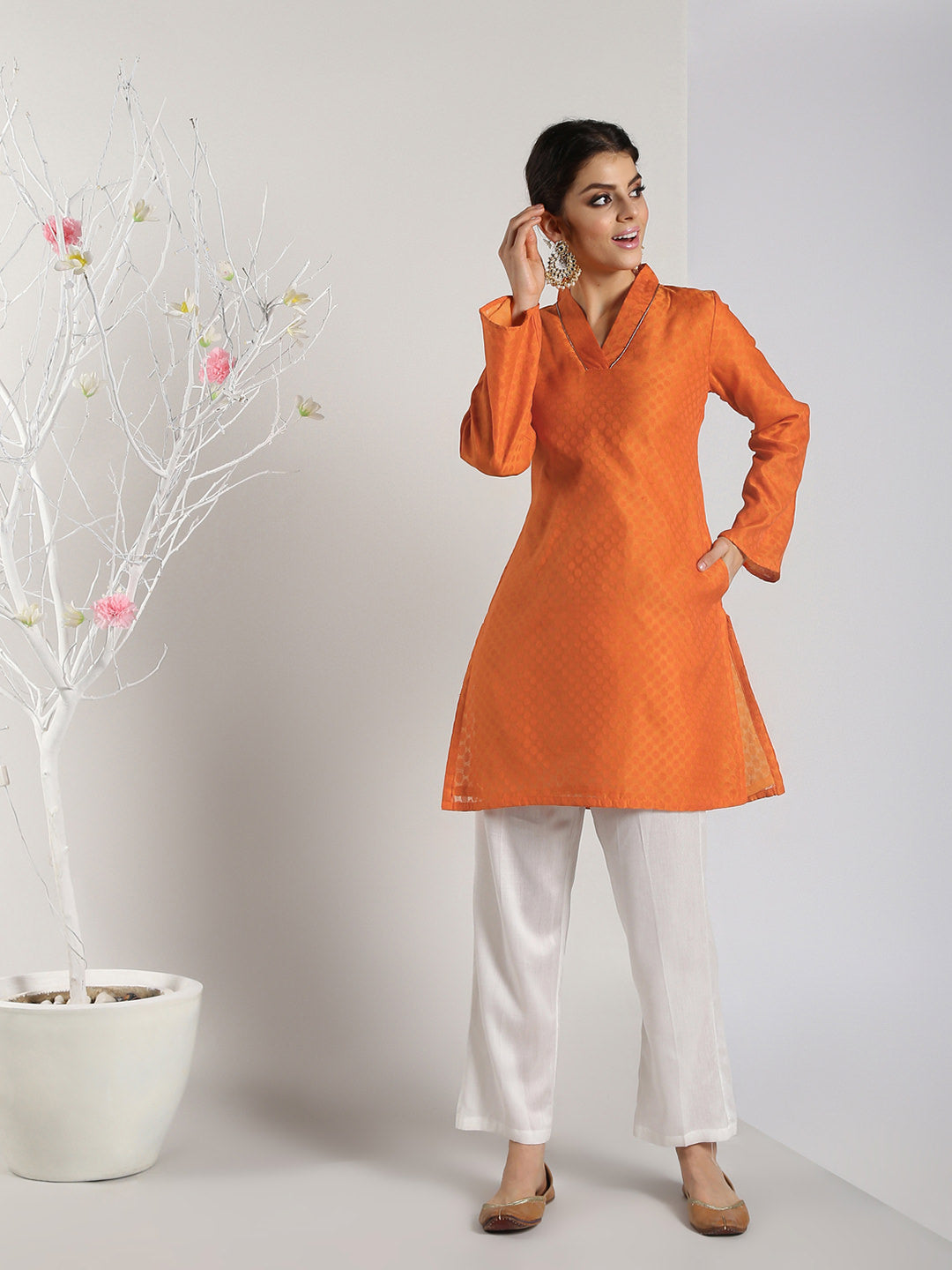 Abhishti Self Booti Chanderi Bell Sleeves Kurti with Bottom