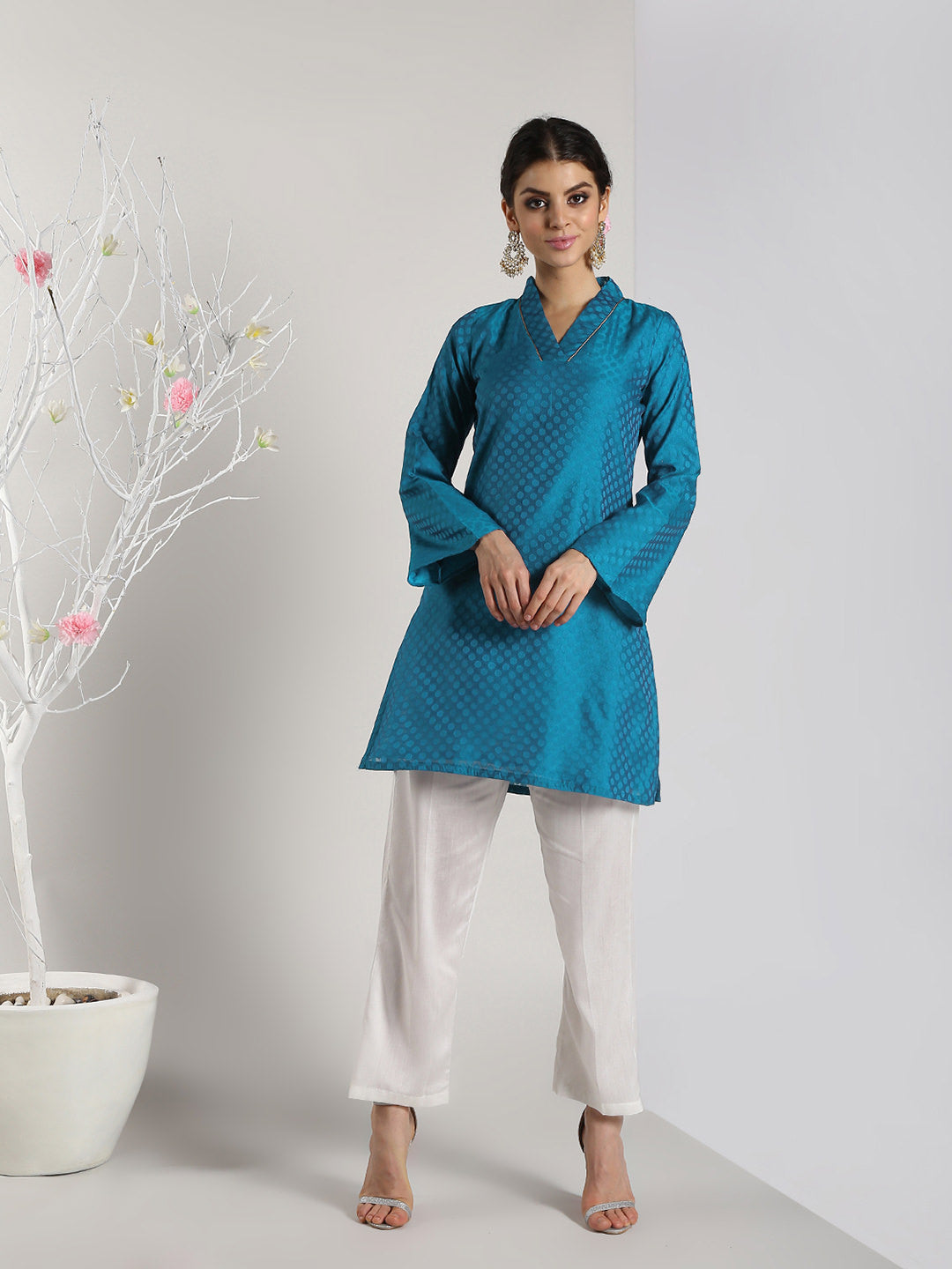 Abhishti Self Booti Chanderi Bell Sleeves Kurti with Bottom