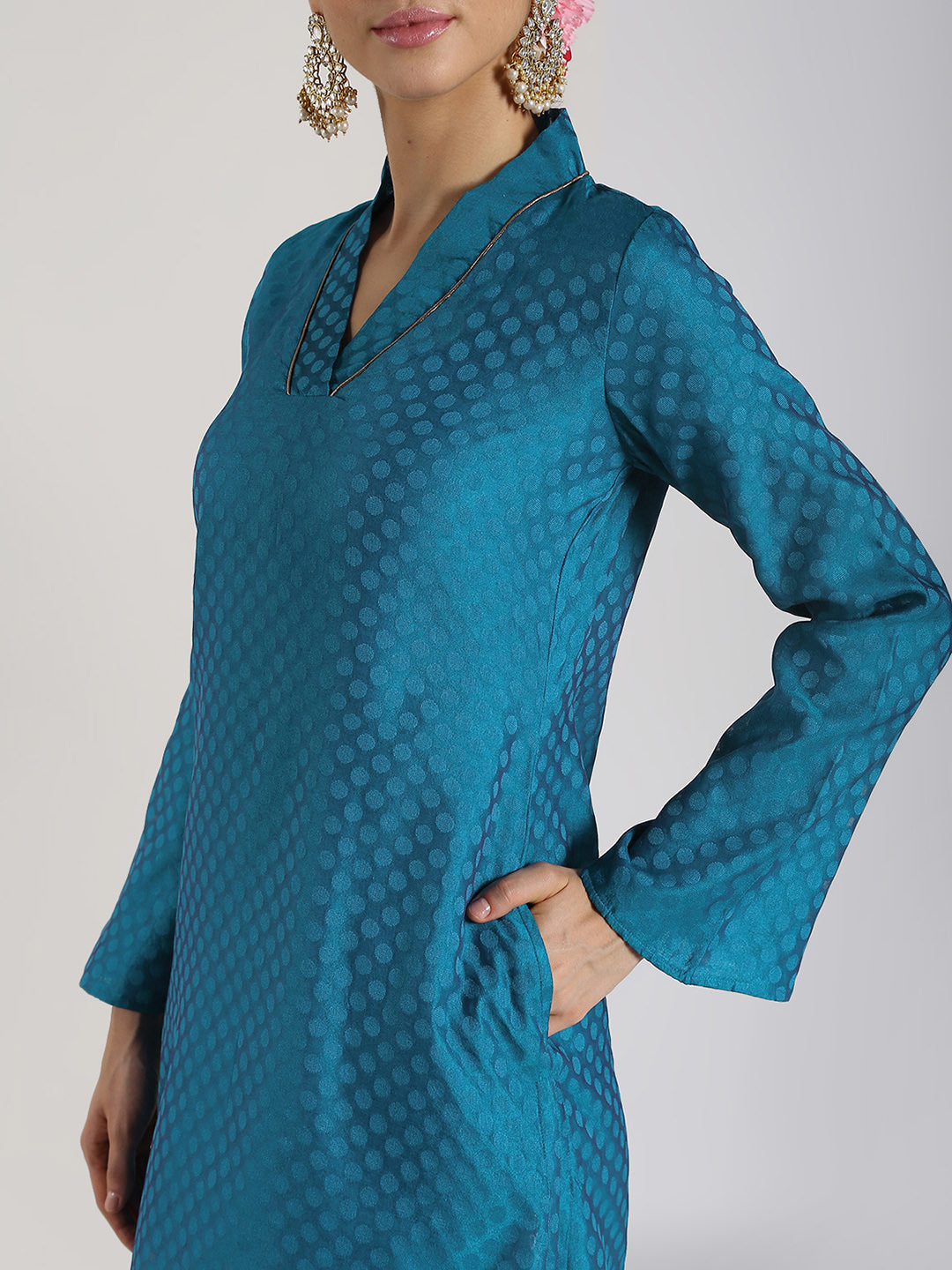 Abhishti Self Booti Chanderi Bell Sleeves Kurti with Bottom