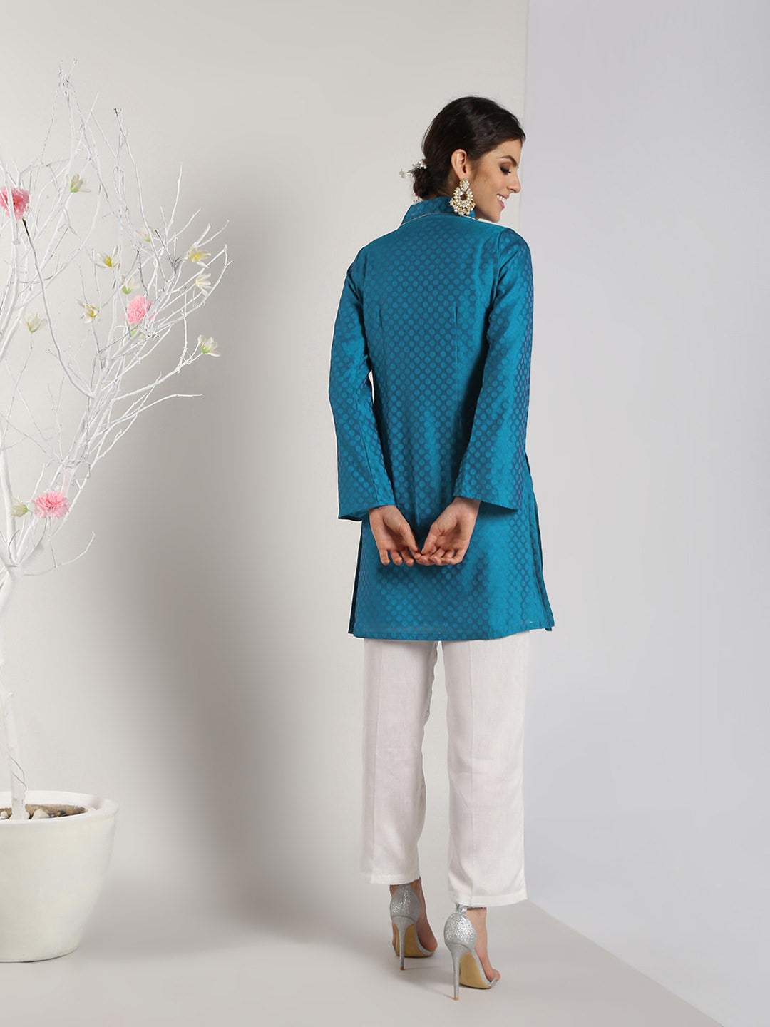 Abhishti Self Booti Chanderi Bell Sleeves Kurti with Bottom