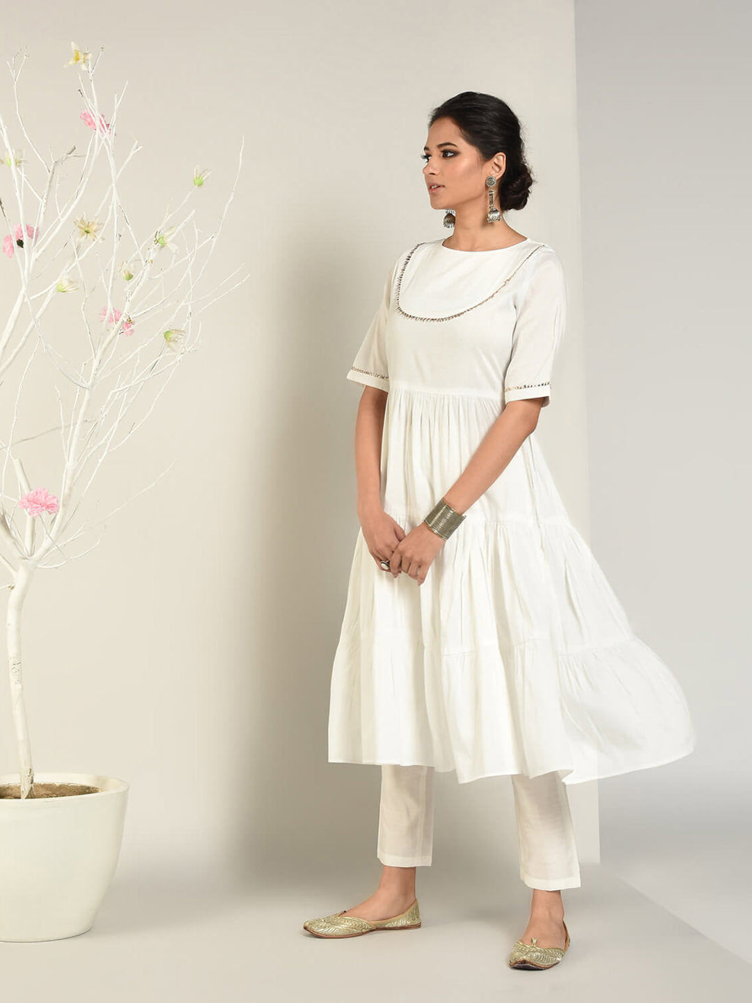 Abhishti Cotton Silk Tiered Flared Kurta with Lace Yoke detail Set