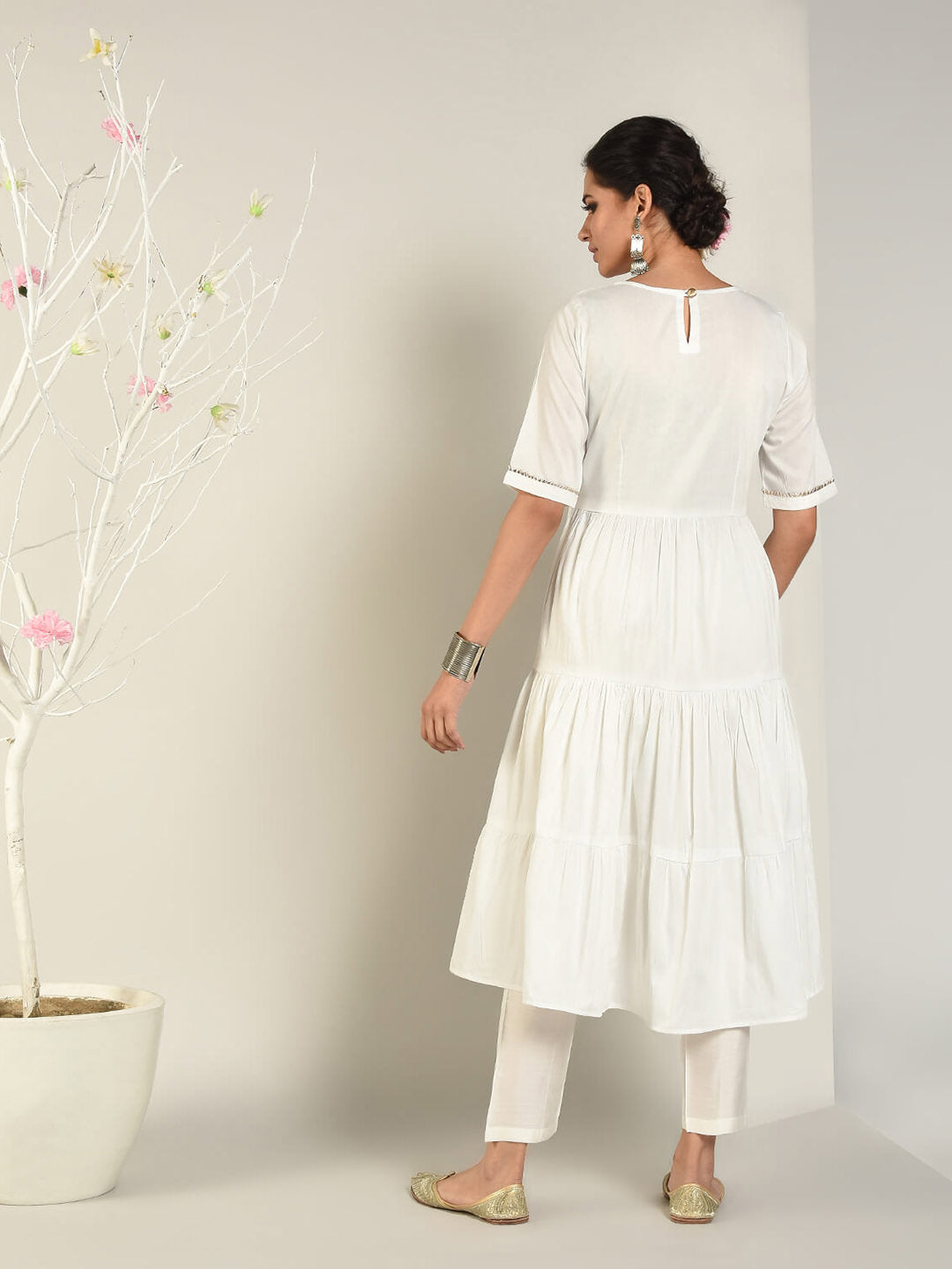 Abhishti Cotton Silk Tiered Flared Kurta with Lace Yoke detail Set