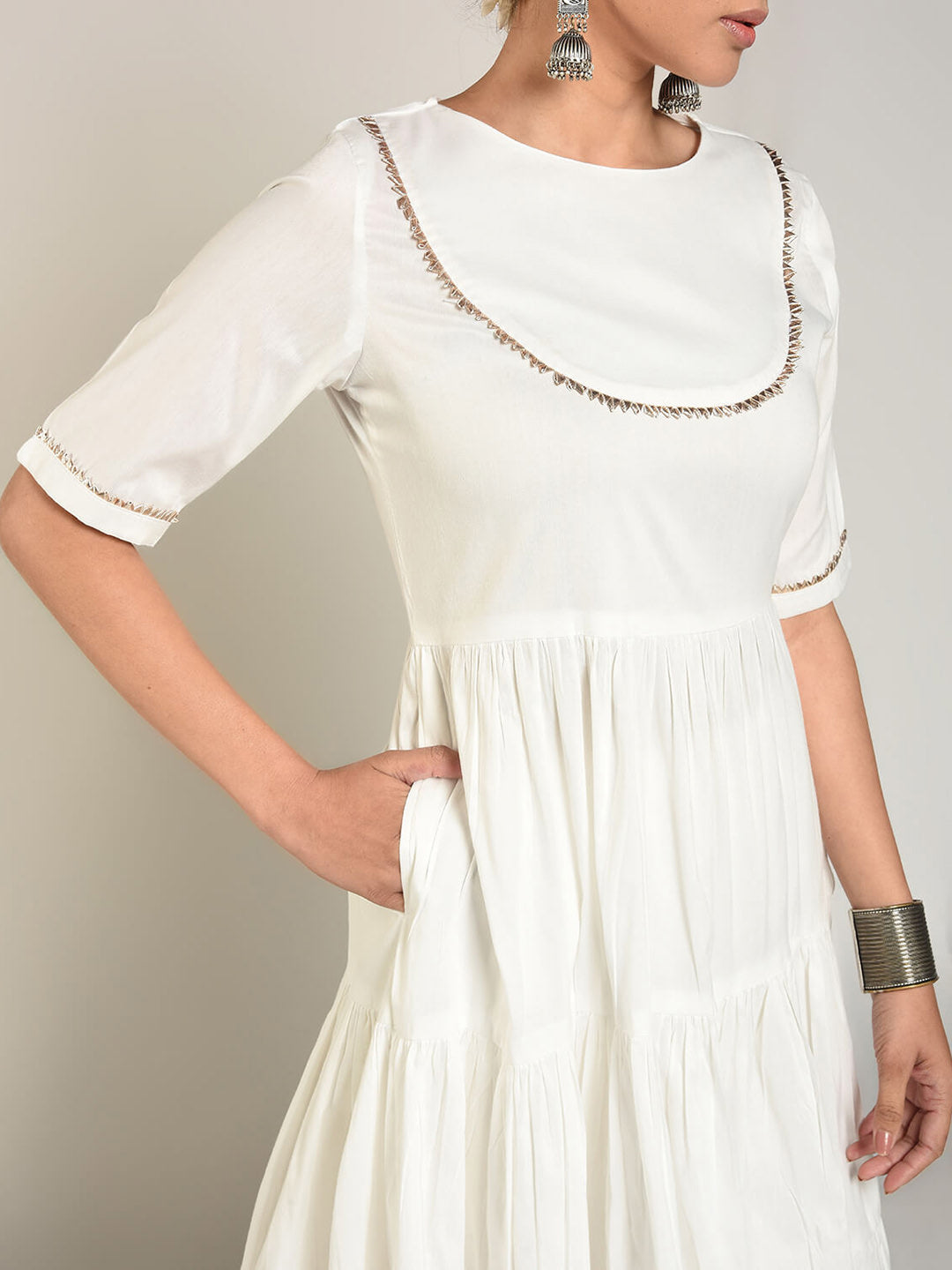 Abhishti Cotton Silk Tiered Flared Kurta with Lace Yoke detail Set