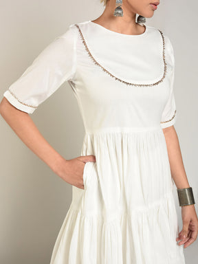 Abhishti Cotton Silk Tiered Flared Kurta with Lace Yoke detail Set