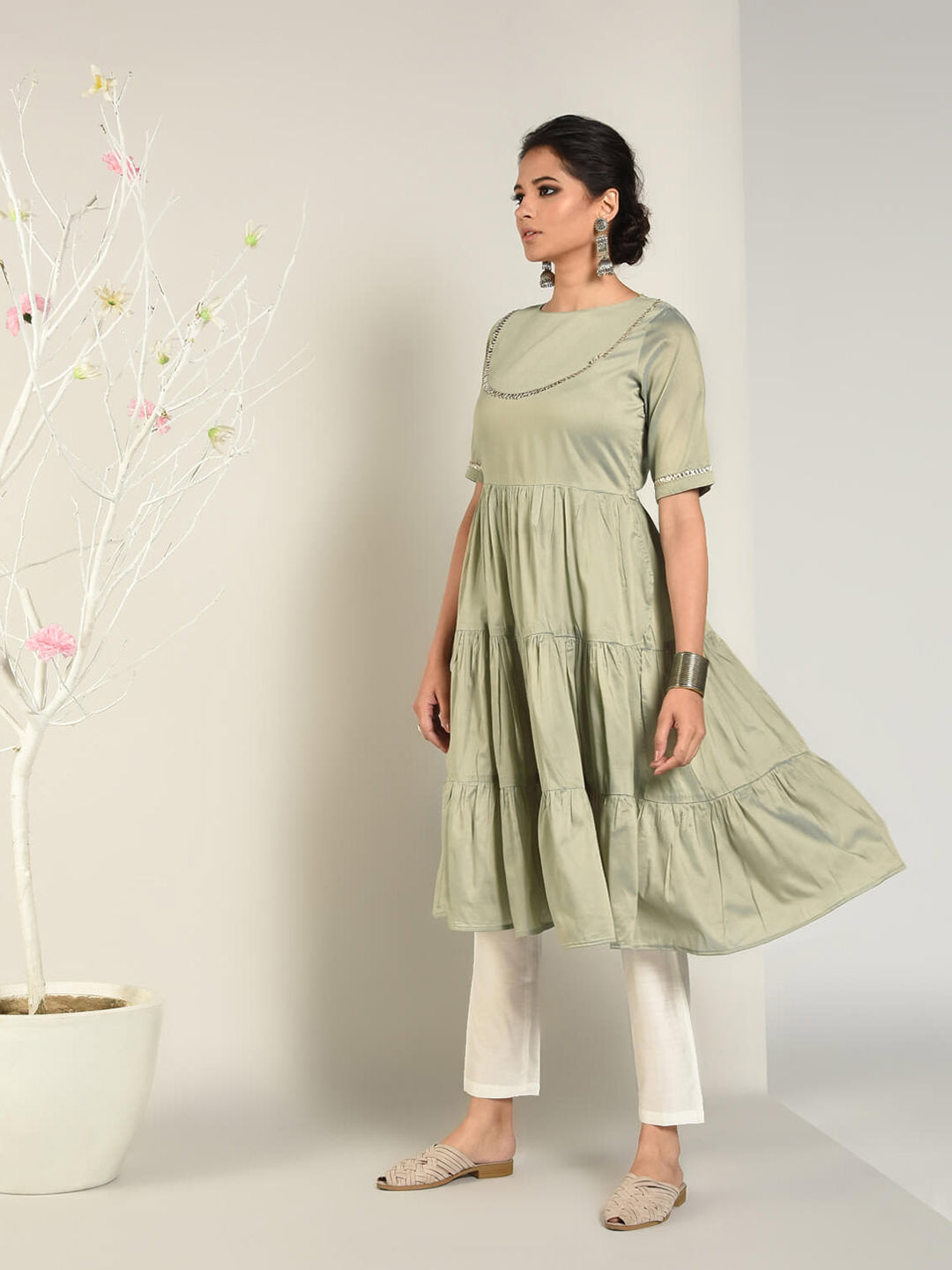 Abhishti Cotton Silk Tiered Flared Kurta with Lace Yoke detail Set
