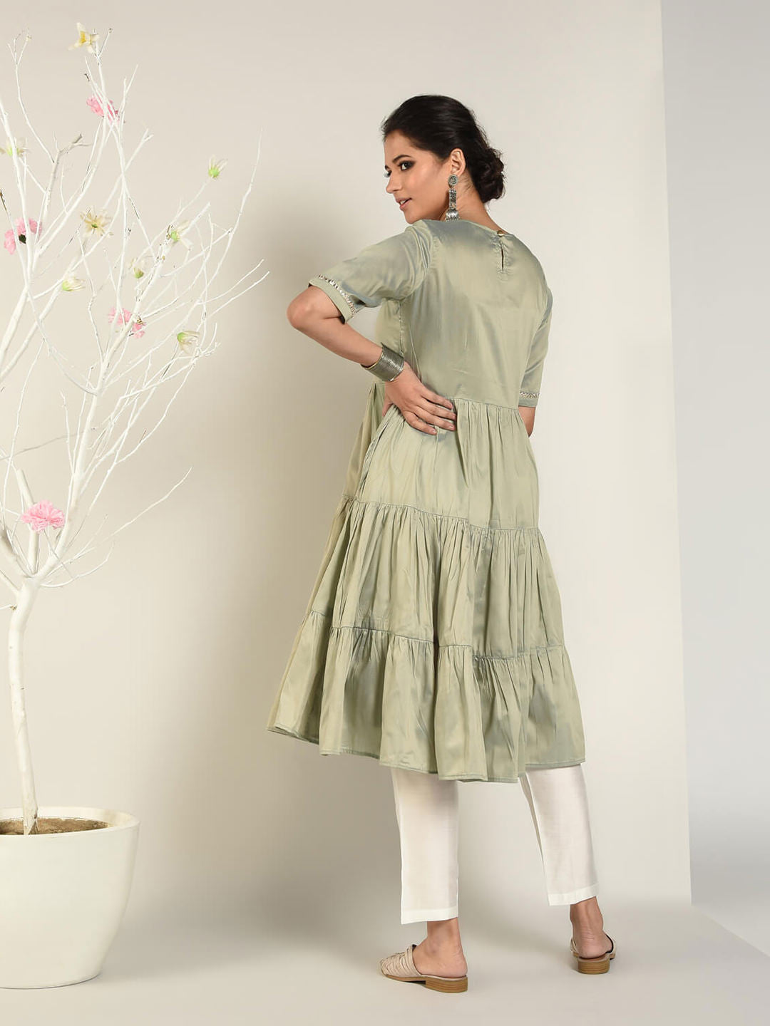 Abhishti Cotton Silk Tiered Flared Kurta with Lace Yoke detail Set
