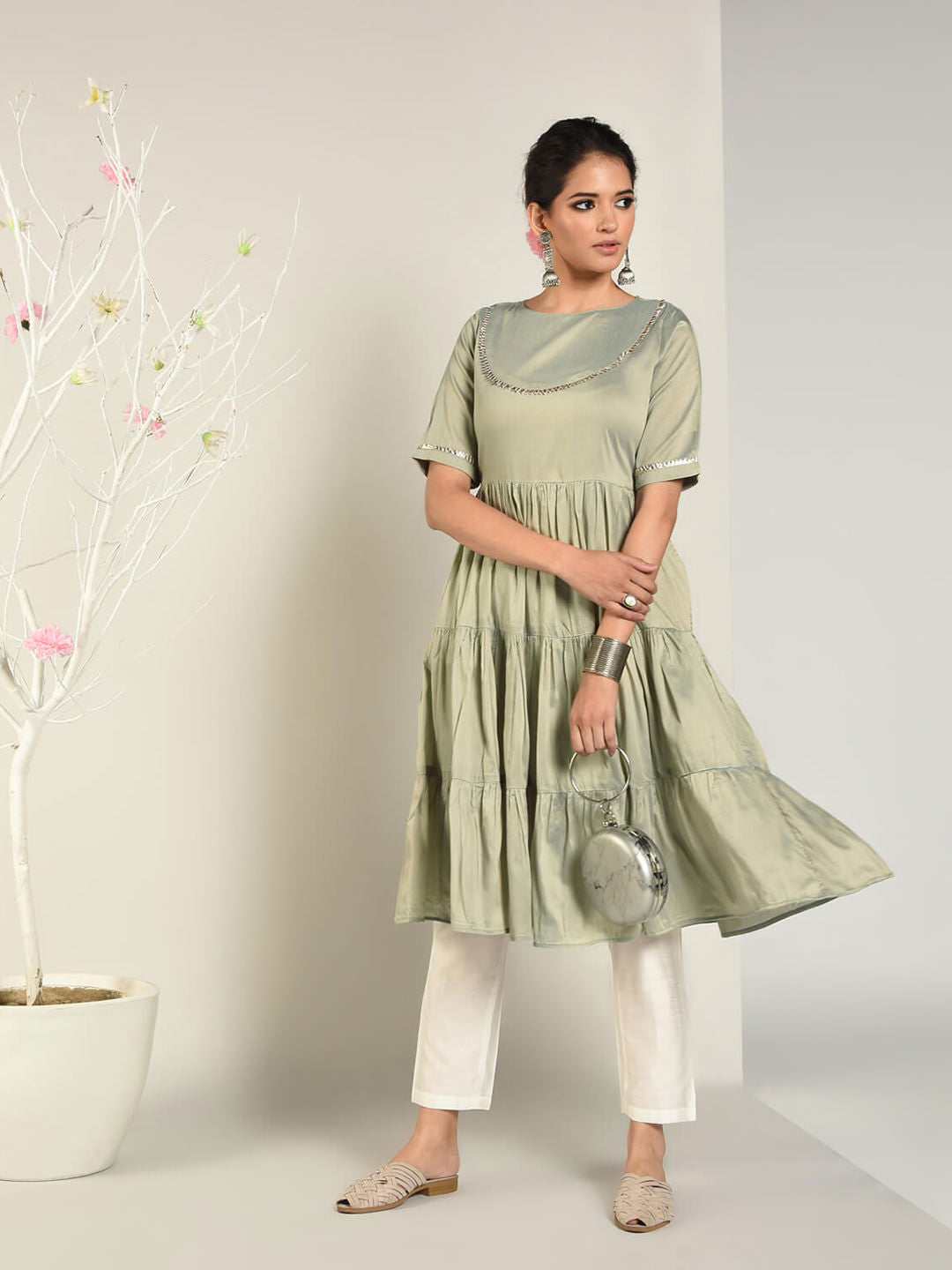 Abhishti Cotton Silk Tiered Flared Kurta with Lace Yoke detail Set