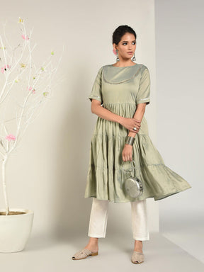 Abhishti Cotton Silk Tiered Flared Kurta with Lace Yoke detail Set