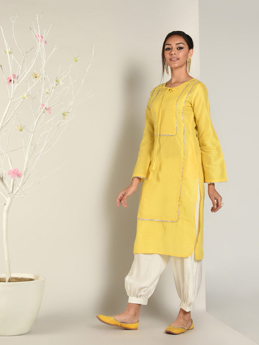 Abhishti Cotton Silk Pathani Kurta with Front Lace Panels Set