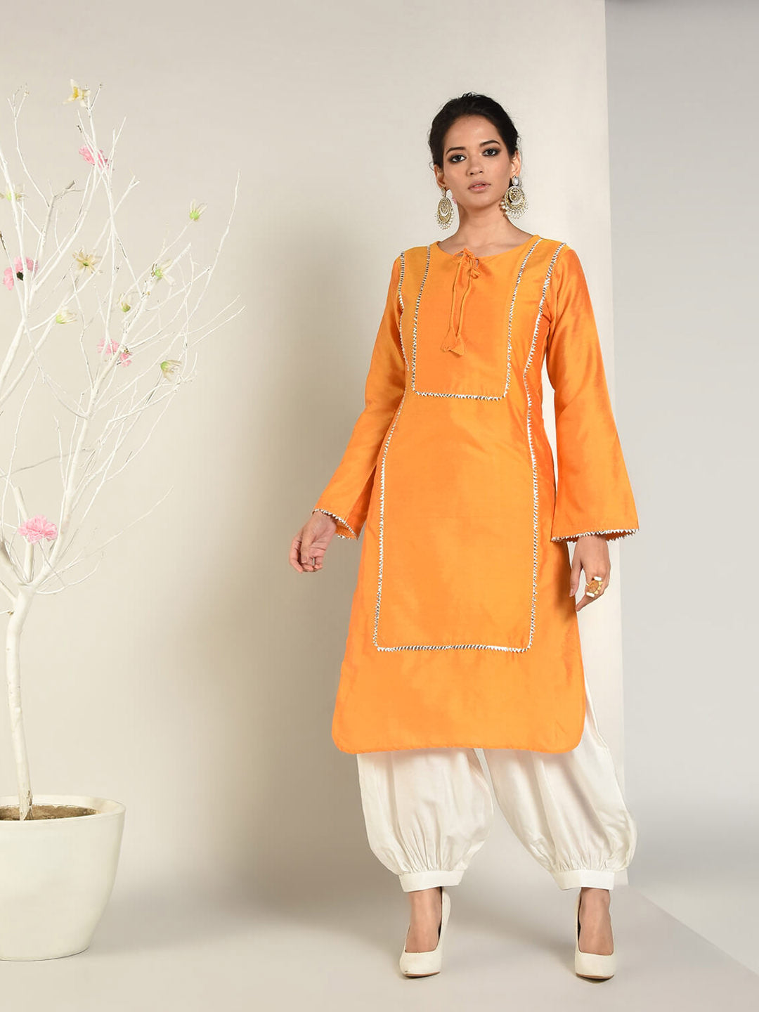 Turmeric Banarasi Panelled Kurta with Pathani Pants