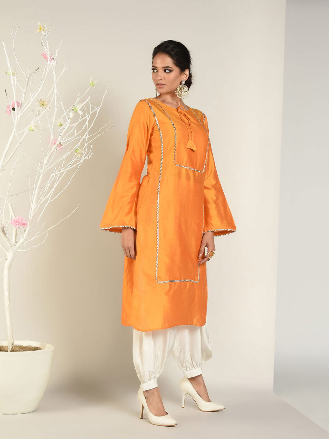 Turmeric Banarasi Panelled Kurta with Pathani Pants