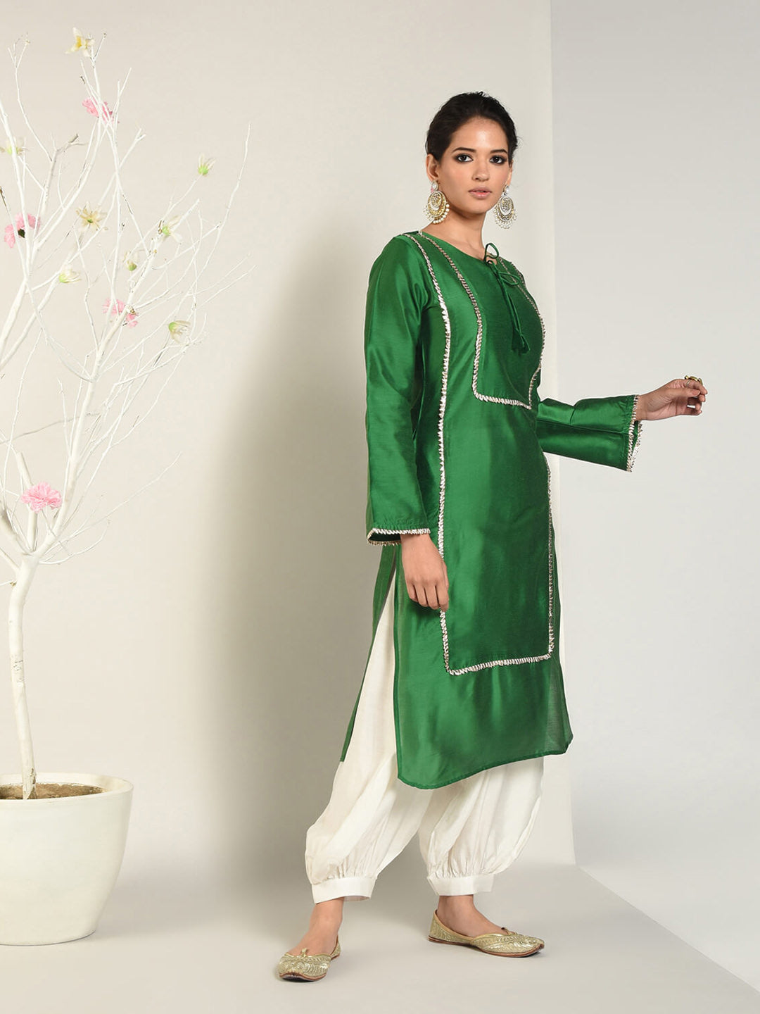 Green Banarasi Panelled Kurta with Pathani Pants