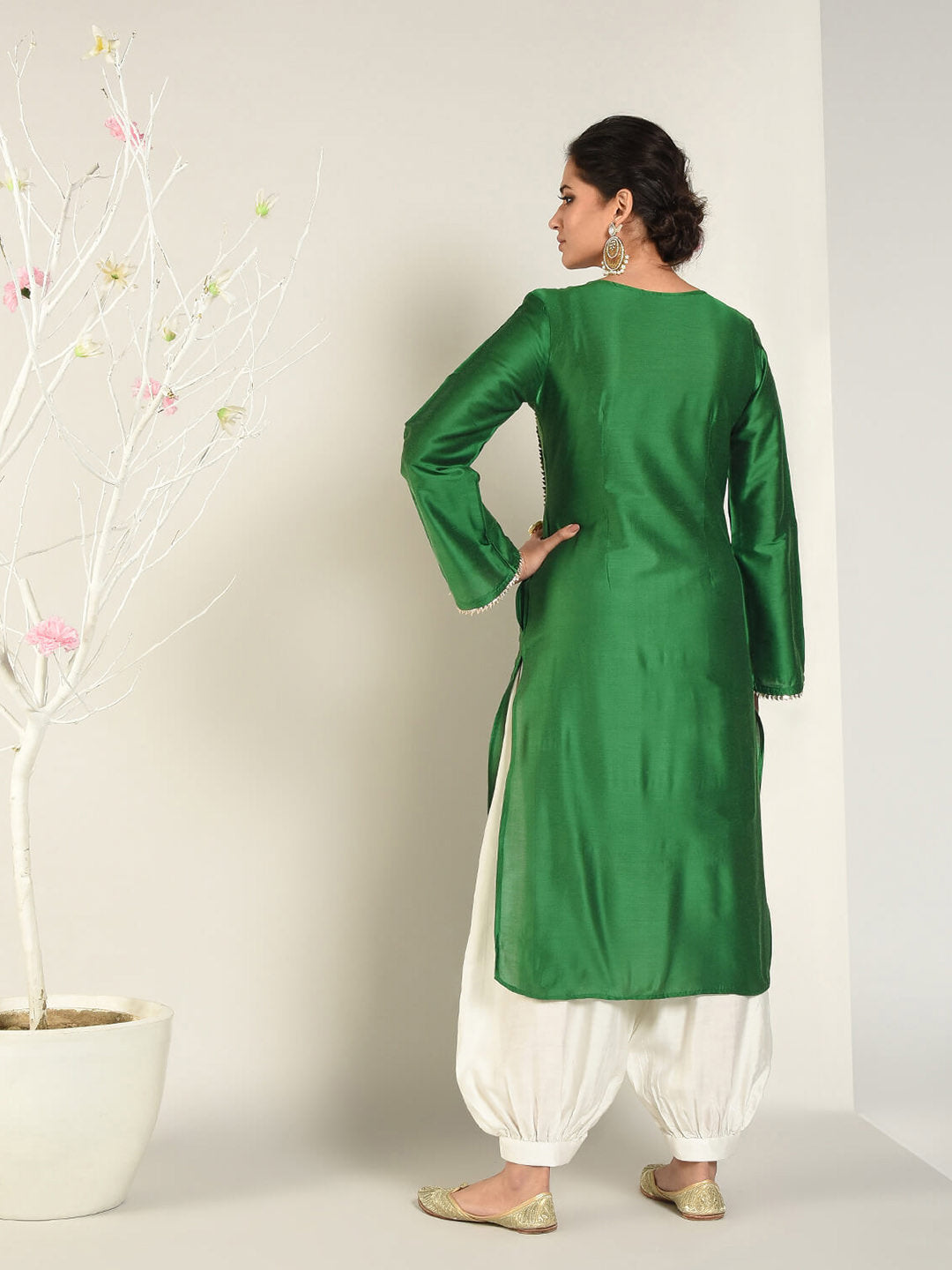 Green Banarasi Panelled Kurta with Pathani Pants