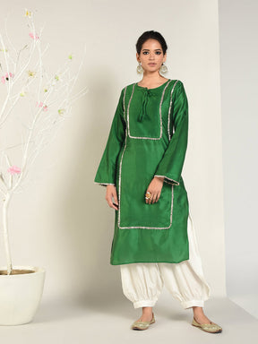 Green Banarasi Panelled Kurta with Pathani Pants