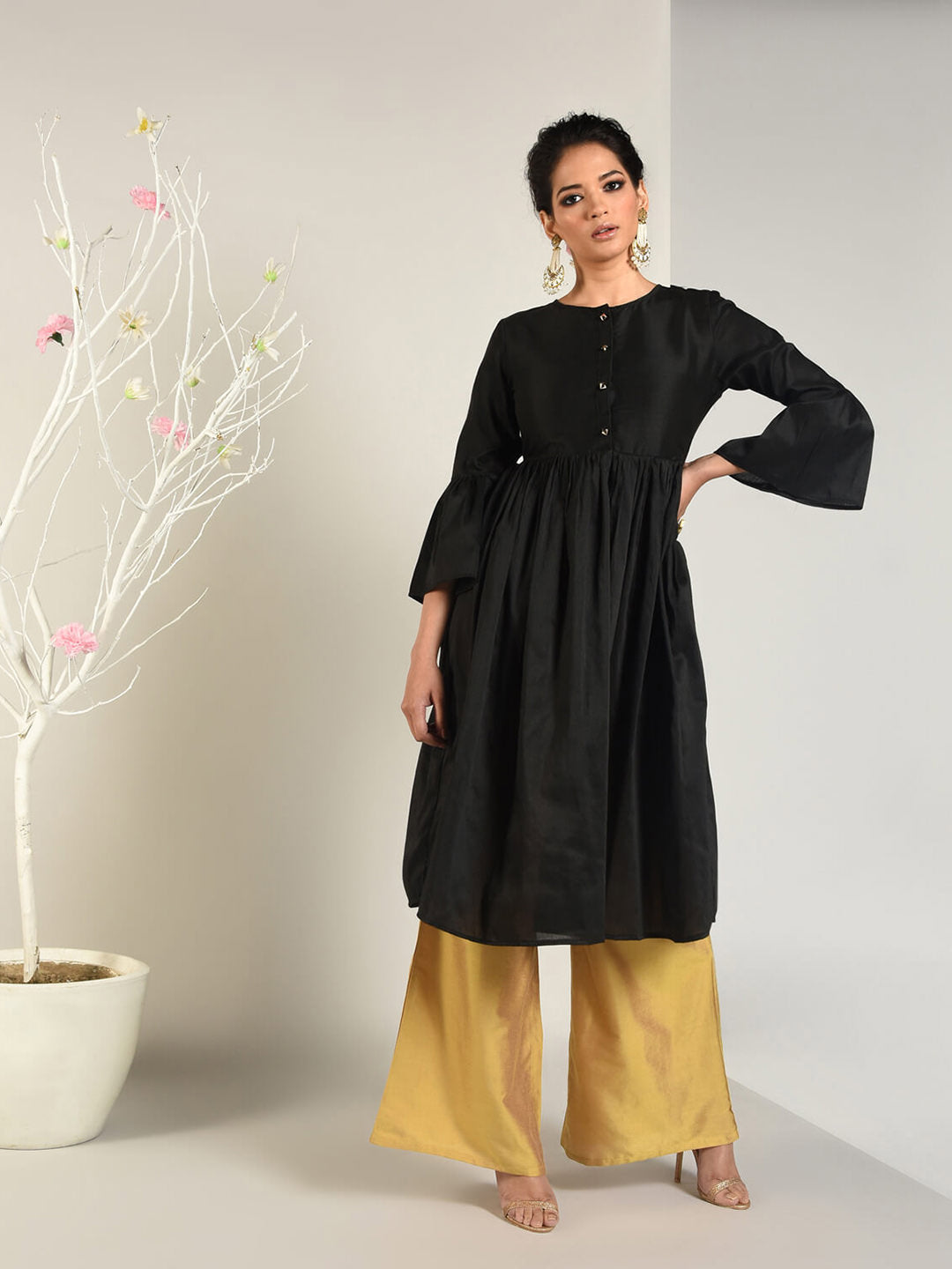 Abhishti Cotton Silk Kurta with Gathered Bell Sleeve Set