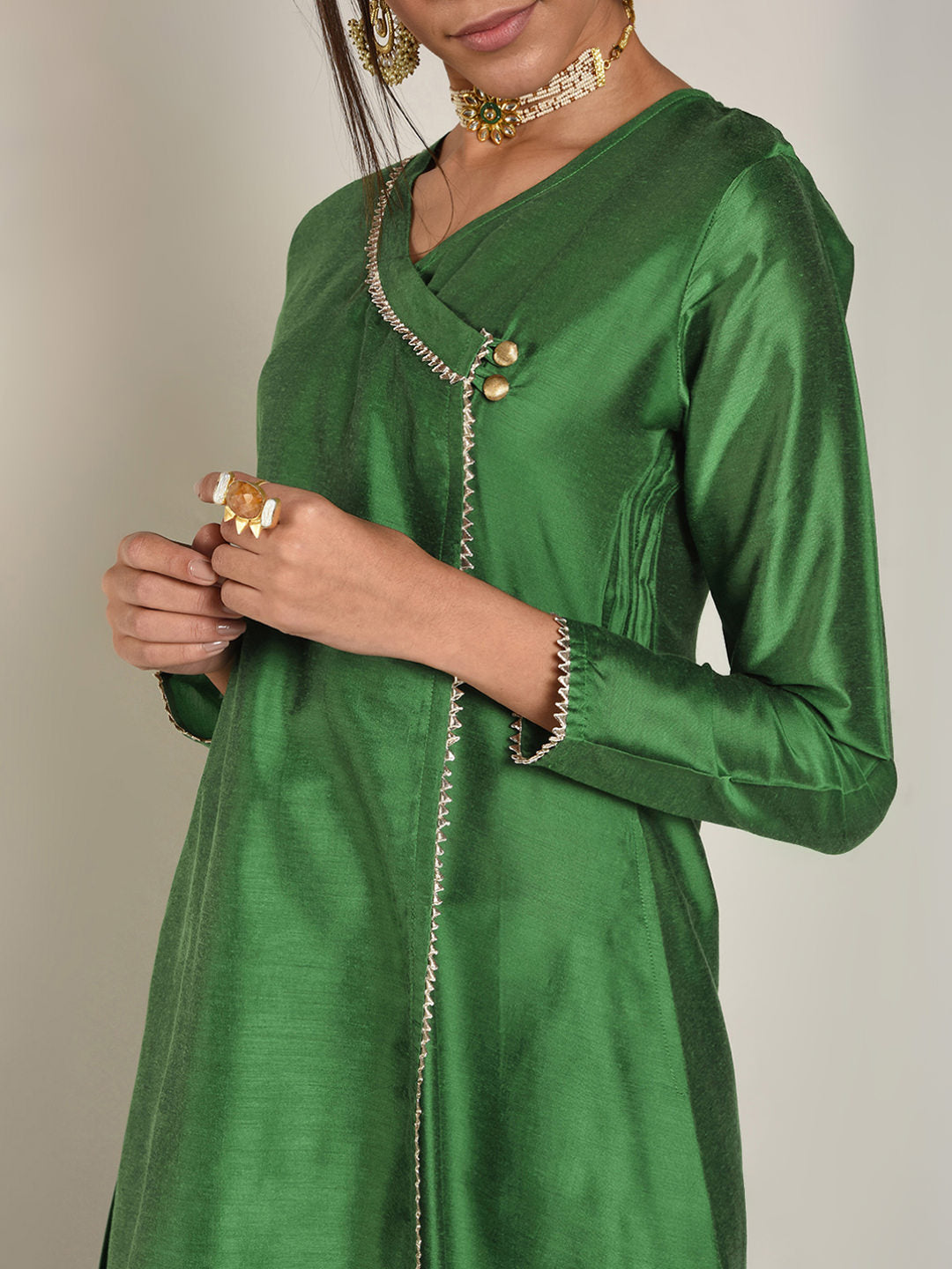 Abhishti Cotton Silk Lace Lined Angrakha Layered Kurta Set