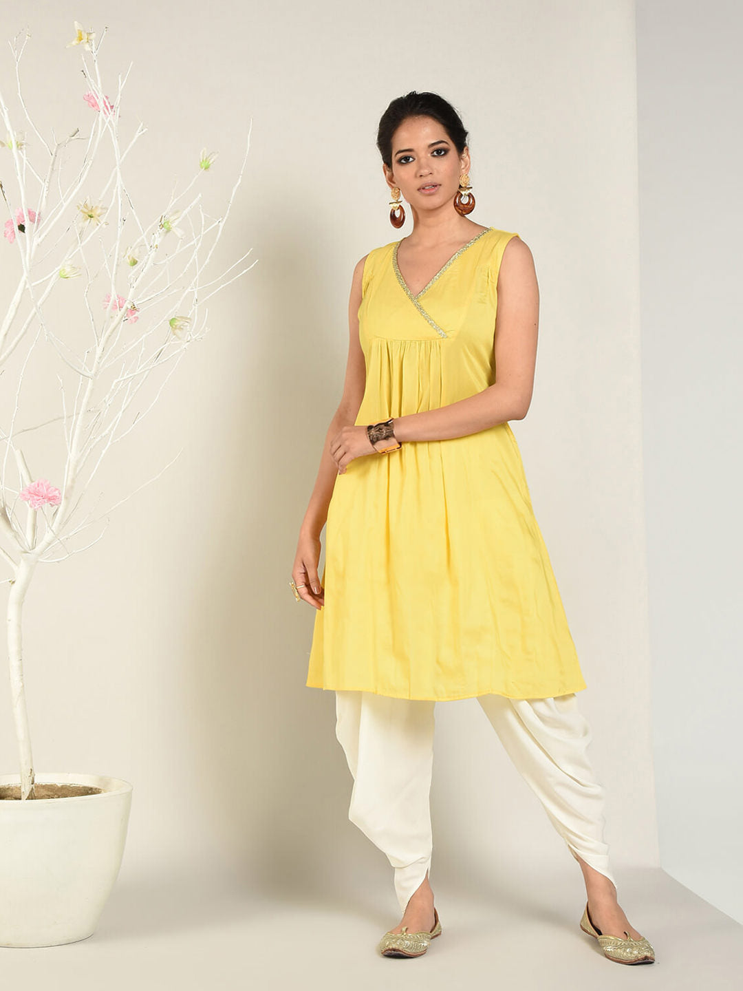 Yellow Banarasi Layered Yoke kurta with Dhoti Pants