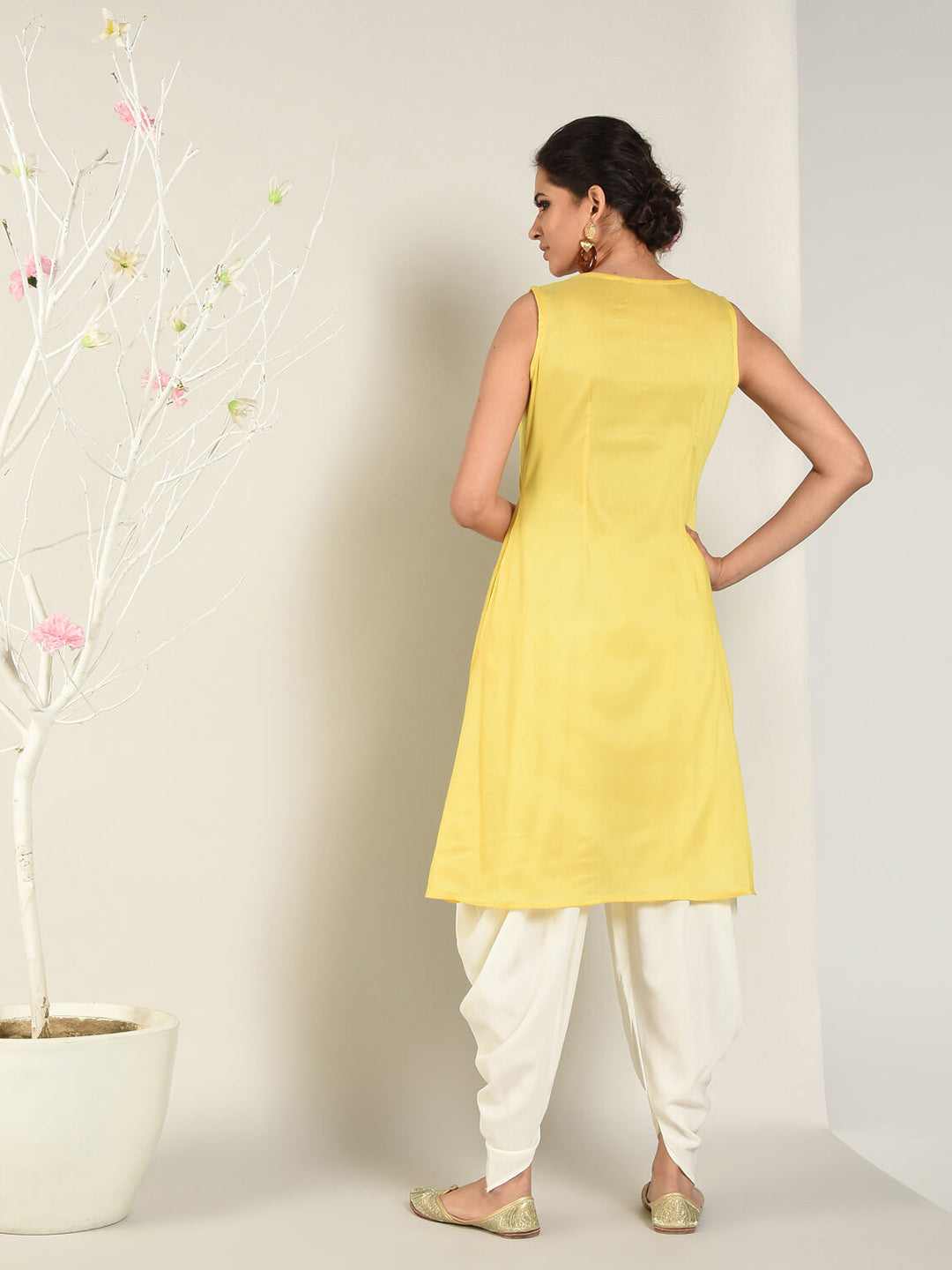 Yellow Banarasi Layered Yoke kurta with Dhoti Pants