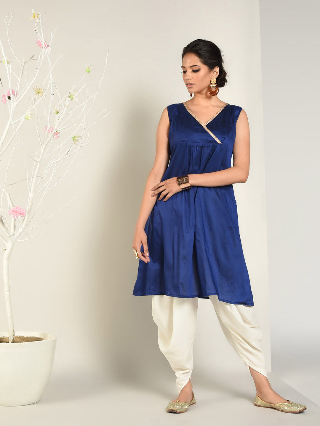 Coral Blue Banarasi Flred Kurta With Dhoti Pants