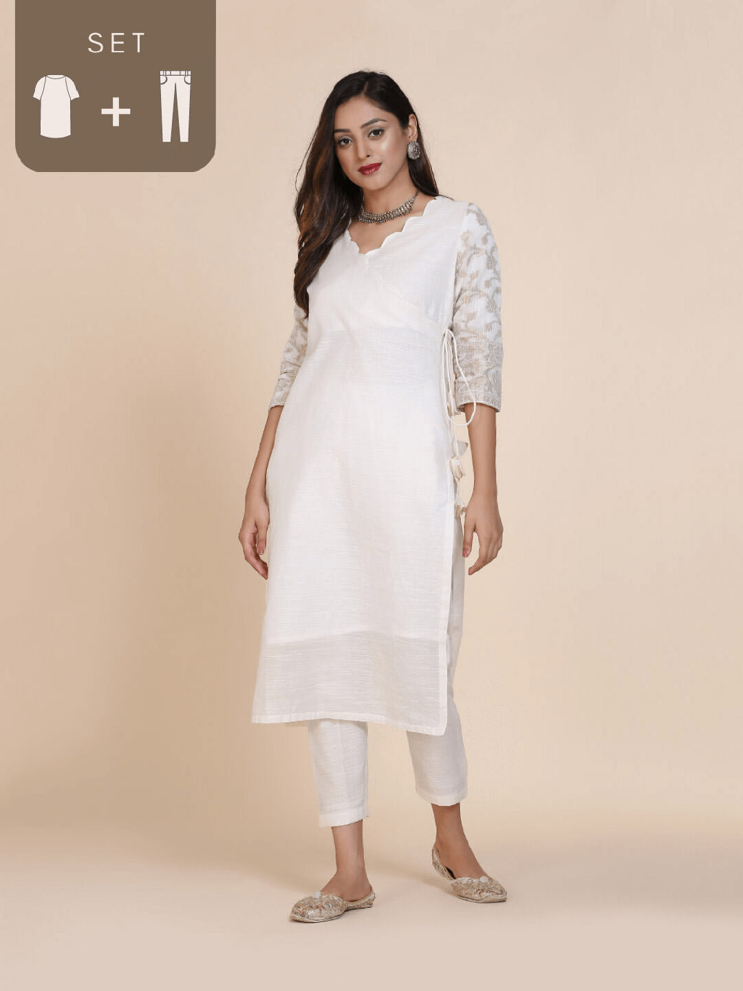 Abhishti cotton baswada kurta with overlapped scalloped neck & zariwork sleeves with Bottom