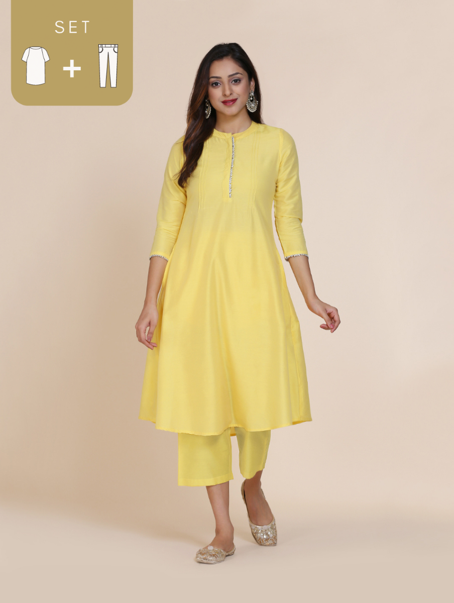 Abhishti cotton silk A-line kurta with hidden placket & pintucks with Bottom