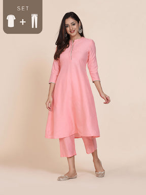 Abhishti cotton silk A-line kurta with hidden placket & pintucks with Bottom