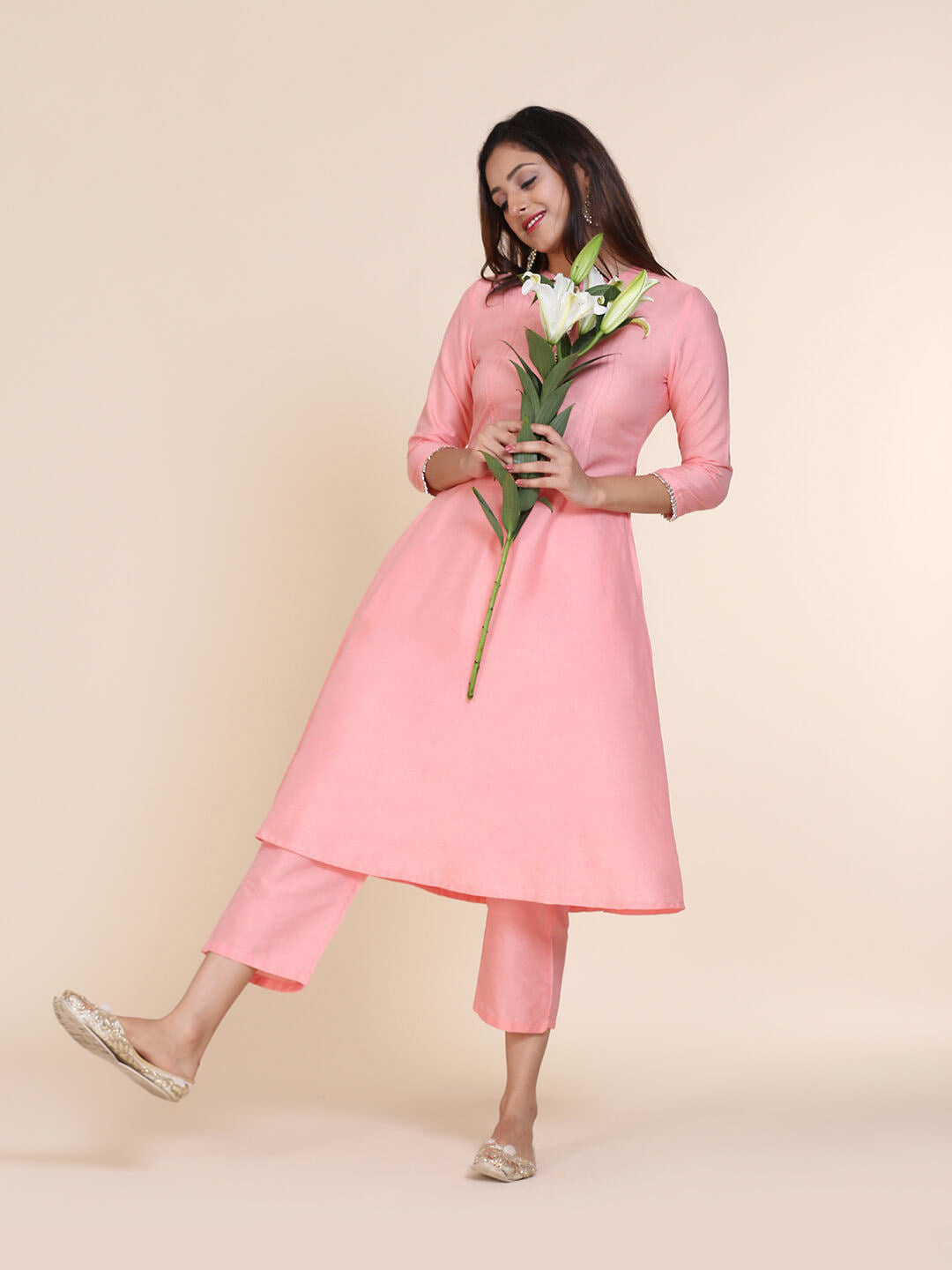 Abhishti cotton silk A-line kurta with hidden placket & pintucks with Bottom