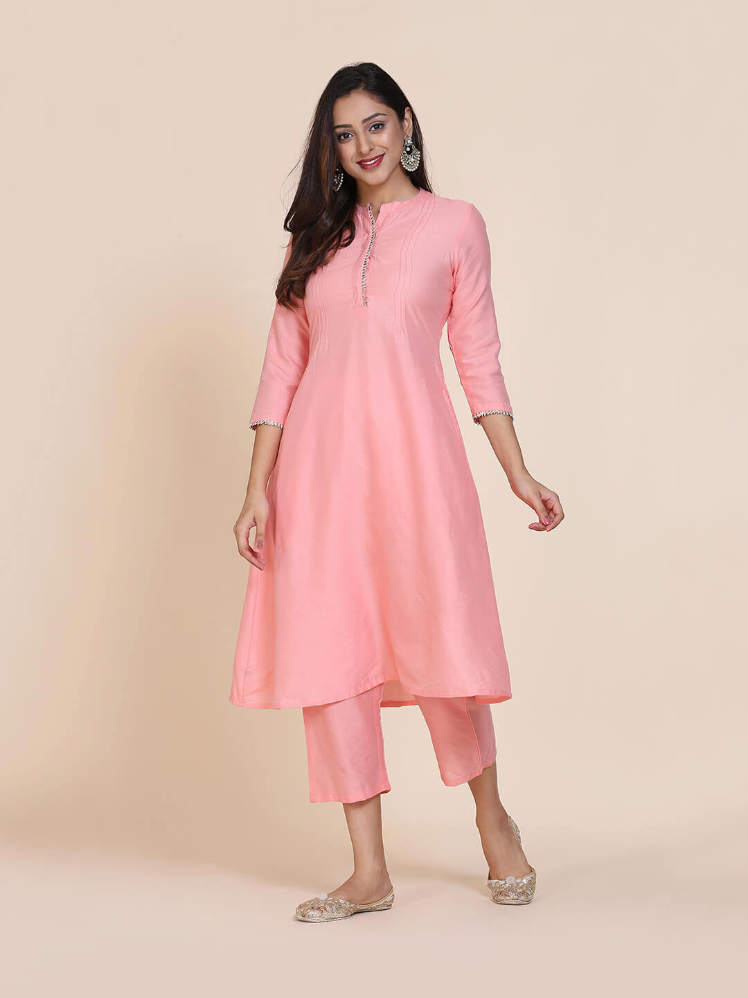 Abhishti cotton silk A-line kurta with hidden placket & pintucks with Bottom