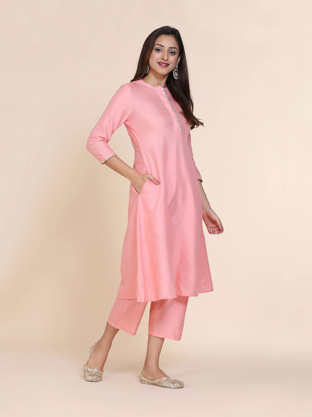 Abhishti cotton silk A-line kurta with hidden placket & pintucks with Bottom