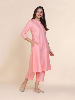 Abhishti cotton silk A-line kurta with hidden placket & pintucks with Bottom