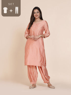 Abhishti cotton silk kurta with pintucked yoke & gathered sleeves with Bottom